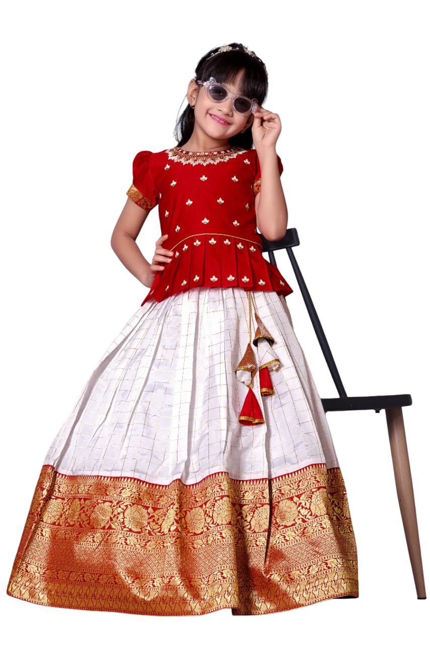 White Button New Latest GirlS Pattu Pavadai Readymade Lehenga Choli For Girls Dress