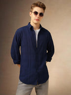 Dennis Lingo Men Relaxed Fit Polyester Full Sleeves Solid Textured Casual Shirts Navy Blue
