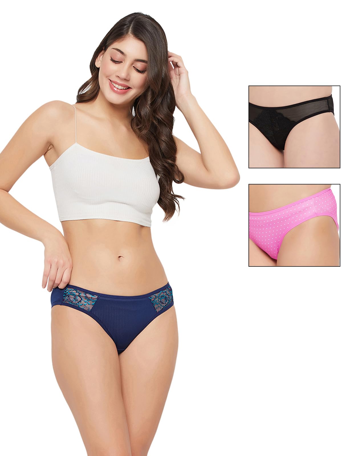 Clovia Womens Pack of 3 Polyamide Low Waist Outer Elastic Bikini Panty (PNCB2B017_Multicolor_XXL)