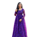 Anveri Textiles WomenS Georgette Fancy Bandhani Printed Gown Kurti With Round Neck 3/4 Sleeves Fit Flared Ankle Length | Maxi D