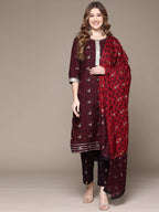 Anubhutee Women'S Cotton Black Gotta Patti Ethnic Print Straight Kurta Suit Set With Pants And Dupatta