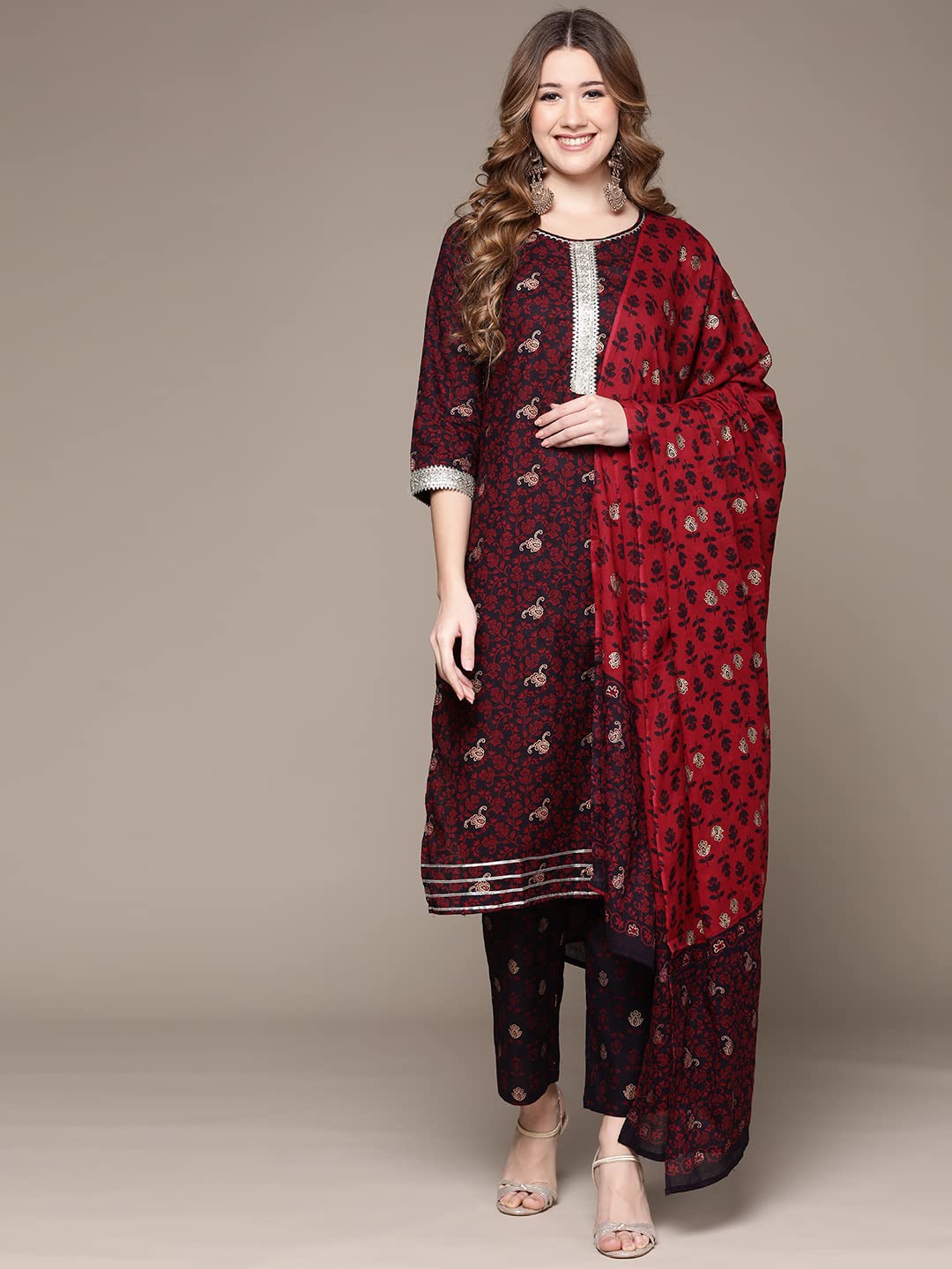 Anubhutee Women'S Cotton Black Gotta Patti Ethnic Print Straight Kurta Suit Set With Pants And Dupatta