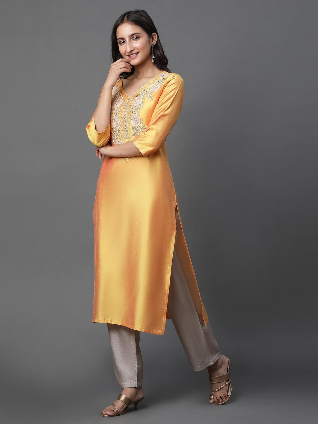 Aurelia Women Mustard Yellow Solid Solid Viscose Poly Straight Kurta