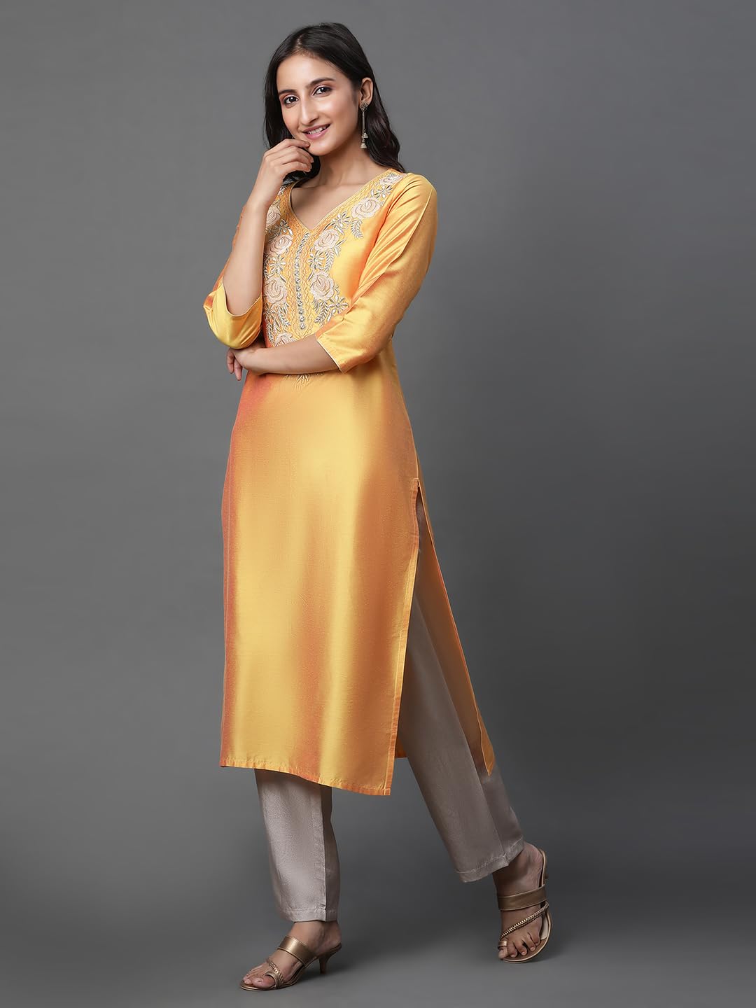 Aurelia Women Mustard Yellow Solid Solid Viscose Poly Straight Kurta