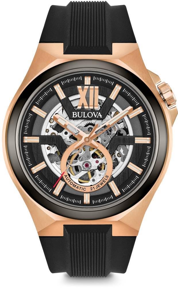Bulova Men's Classic Maquina Rose Gold Stainless Steel 3-Hand Automatic Watch with Black Silicone Strap, Skeleton Dial Style: 98