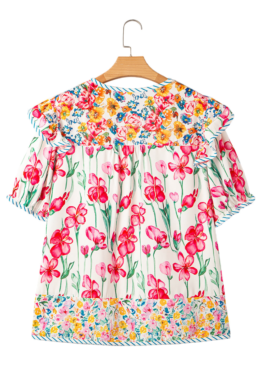 Pink Plus Size Floral Print Striped Trim V Neck Blouse