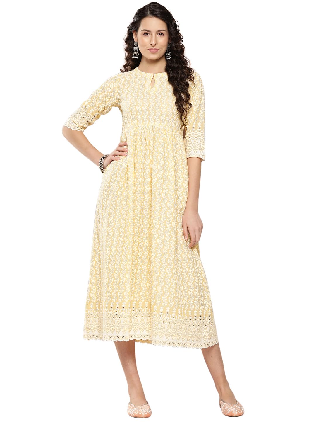 Libas WomenS Cotton Fit & Flare Maxi Dress (26376_Yellow