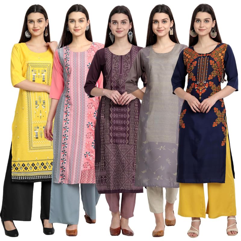 Pinkmint WomenS Printed Kurti For WomenS Round Neck Straight Kurti For Women (Pack Of 5)
