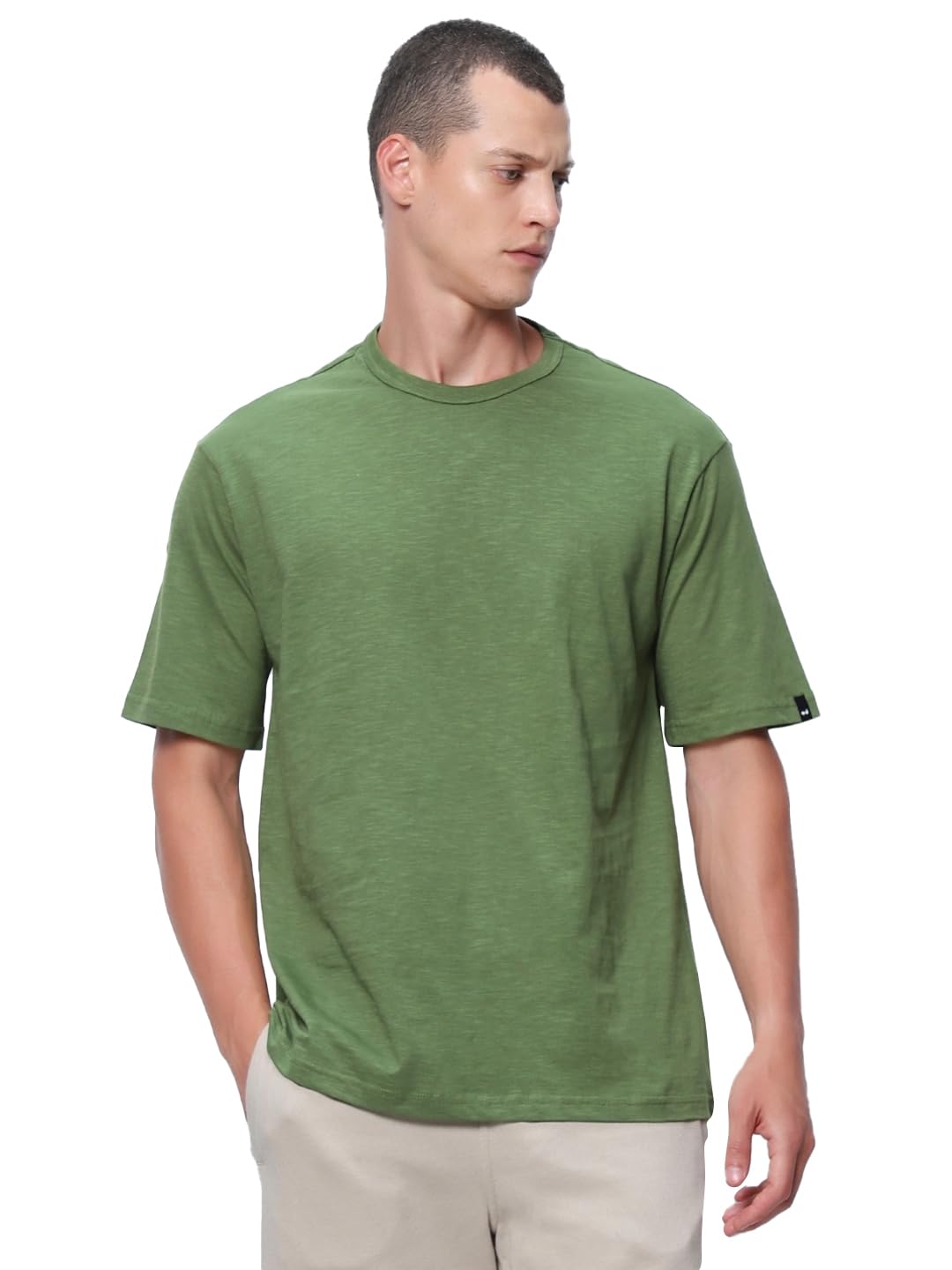 Bewakoof Air 1.0 Mens Solid Oversized Fit Half Sleeve Round Neck Cotton T-Shirt_ 580016 Green XL