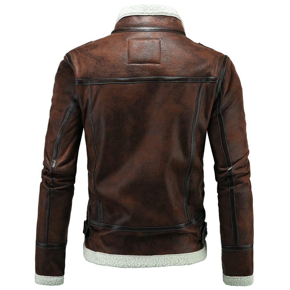 AOWOFS Men's Faux Leather Jacket Brown Motorcycle Bomber Shearling Suede Stand Collar
