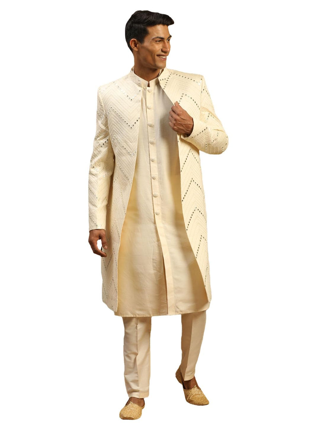 VASTRAMAY Mens Cream Viscose Sherwani Set | Set Of Layered Mirror Work Front Open Sherwani Set With Pant Style Pyjama