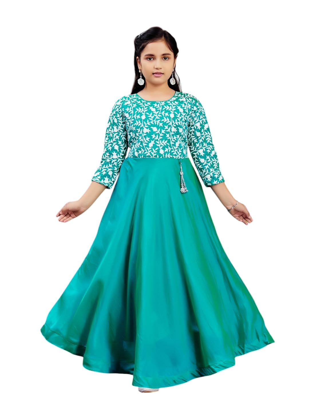 Aarika Girls Turquoise Colour Chicken Embroidery Silk Gown (3-9 Years)