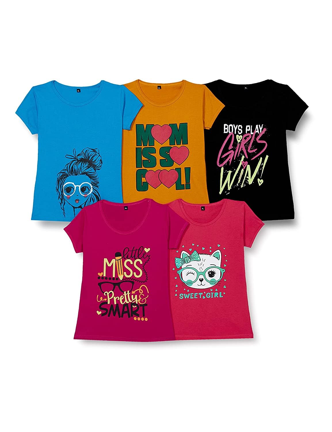 T2F Girls Solid Regular Fit T-Shirt (GLS-TSRT-01_Multicolor 2 13-14 Years)