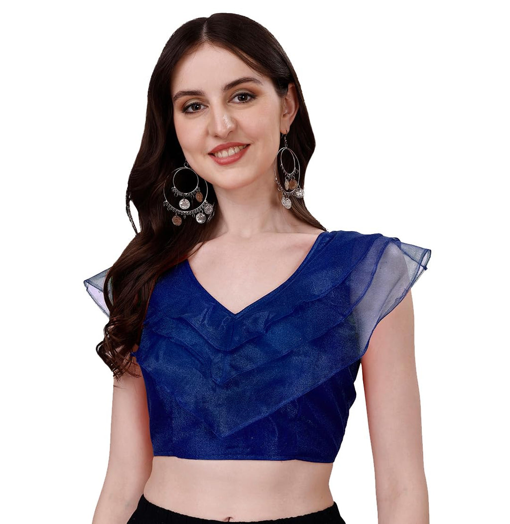 Pujia Mills Womens V Neck Orgenza Three Layer Ruffle Sleeve Frill Readymade Saree Blouse