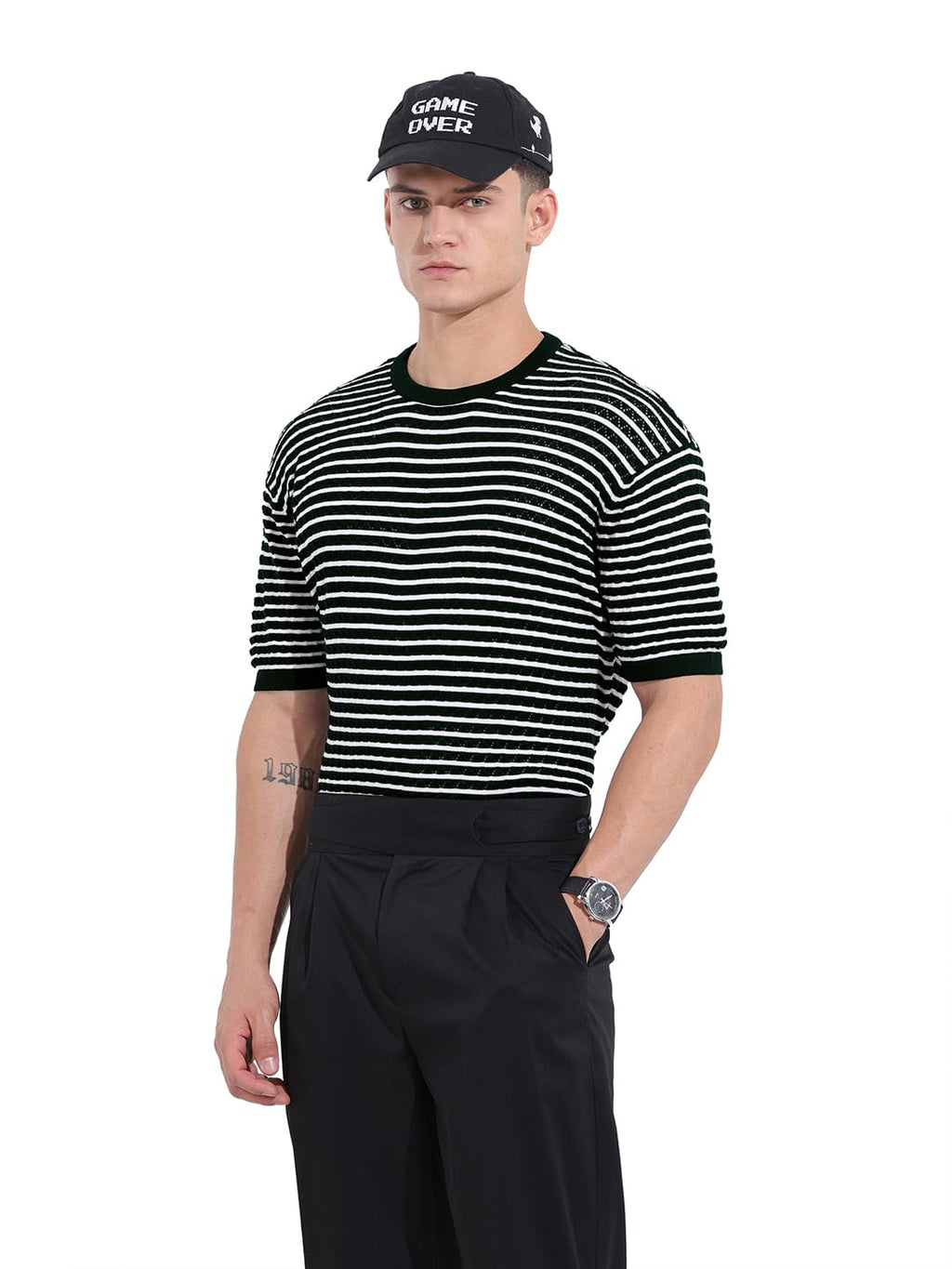 The Indian Garage Co Mens Oversized Textured Half Sleeves Crew Neck Flat Knit Sweater
