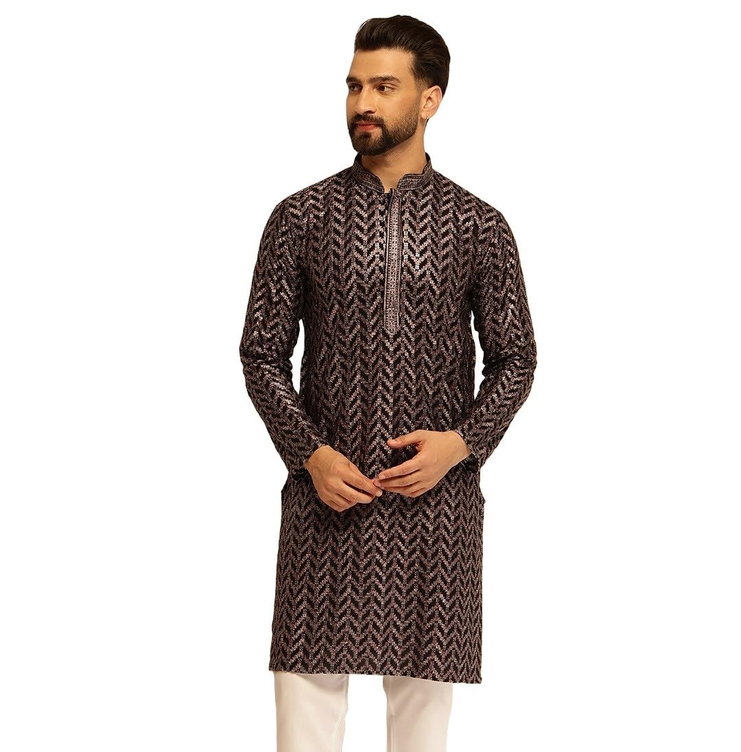 SOJANYA (Since 1958 Mens Cotton Embroidered Printed Black Only Long Kurta