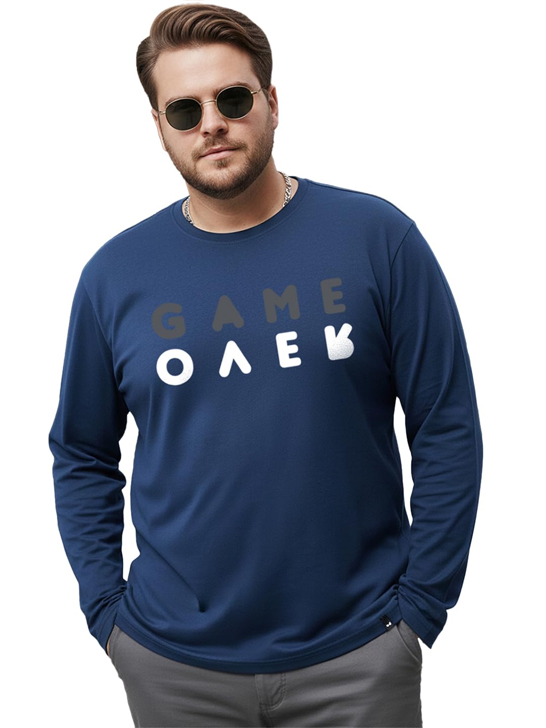 Bewakoof MenS Typography Regular Fit Full Sleeve Round Neck Pure Cotton Plus Size T-Shirt_694242_Blue_4Xl