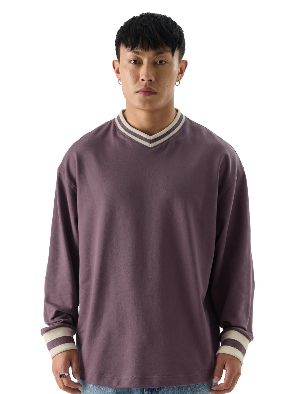 The Souled Store Solids: Mauve Men and Boys 100% Cotton V-Neck Oversized Fit Full Sleeve T-Shirts Oversized Mens T-Shirts Solid
