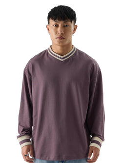 The Souled Store Solids: Mauve Men and Boys 100% Cotton V-Neck Oversized Fit Full Sleeve T-Shirts Oversized Mens T-Shirts Solid
