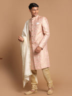 VASTRAMAY Mens Pink And Gold Silk Blend Sherwani Set - A Set Of Brocade Sherwani And Pyjama With Dupatta