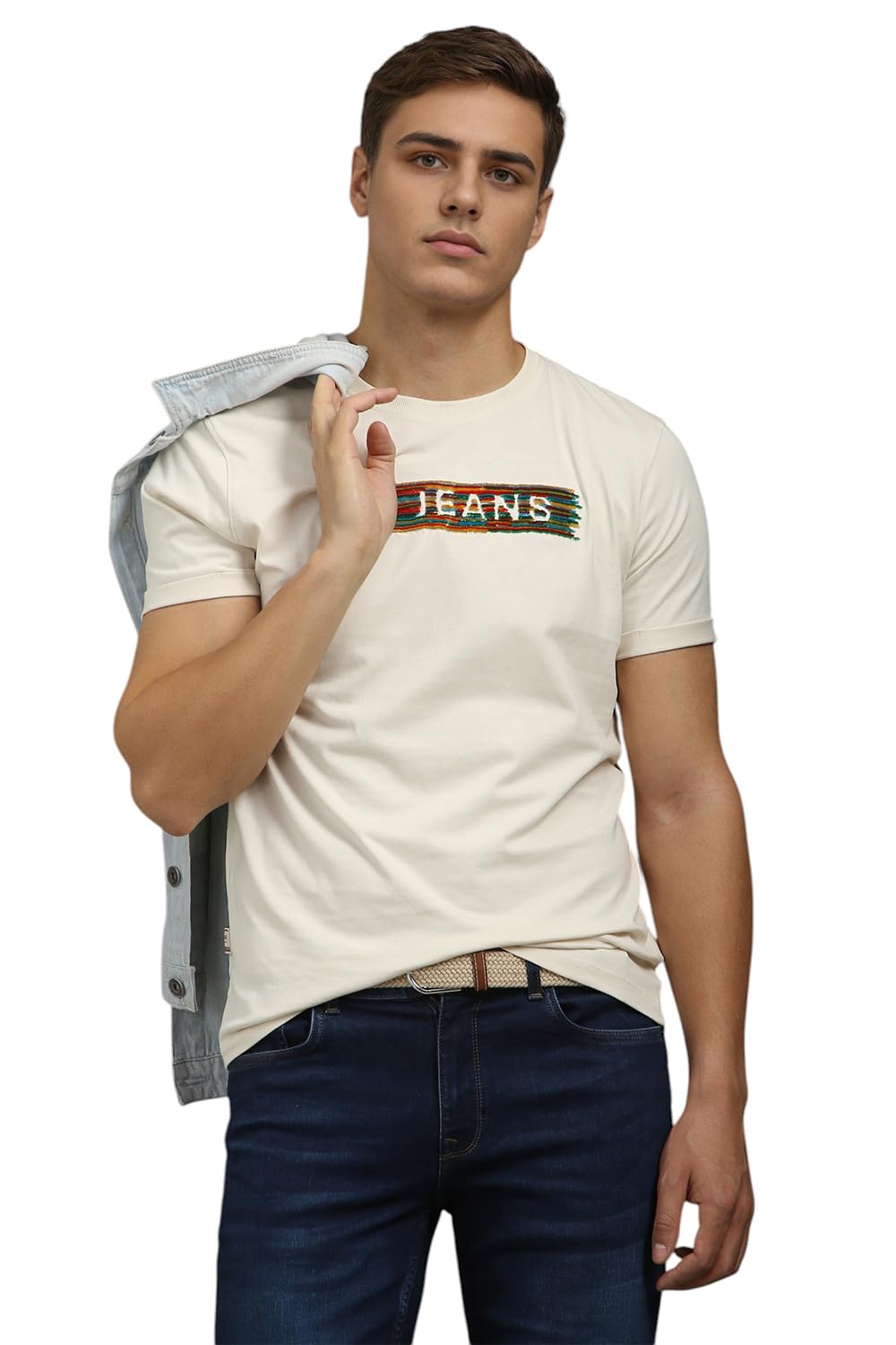 Louis Philippe Men Beige Graphic Print Crew Neck T-Shirt