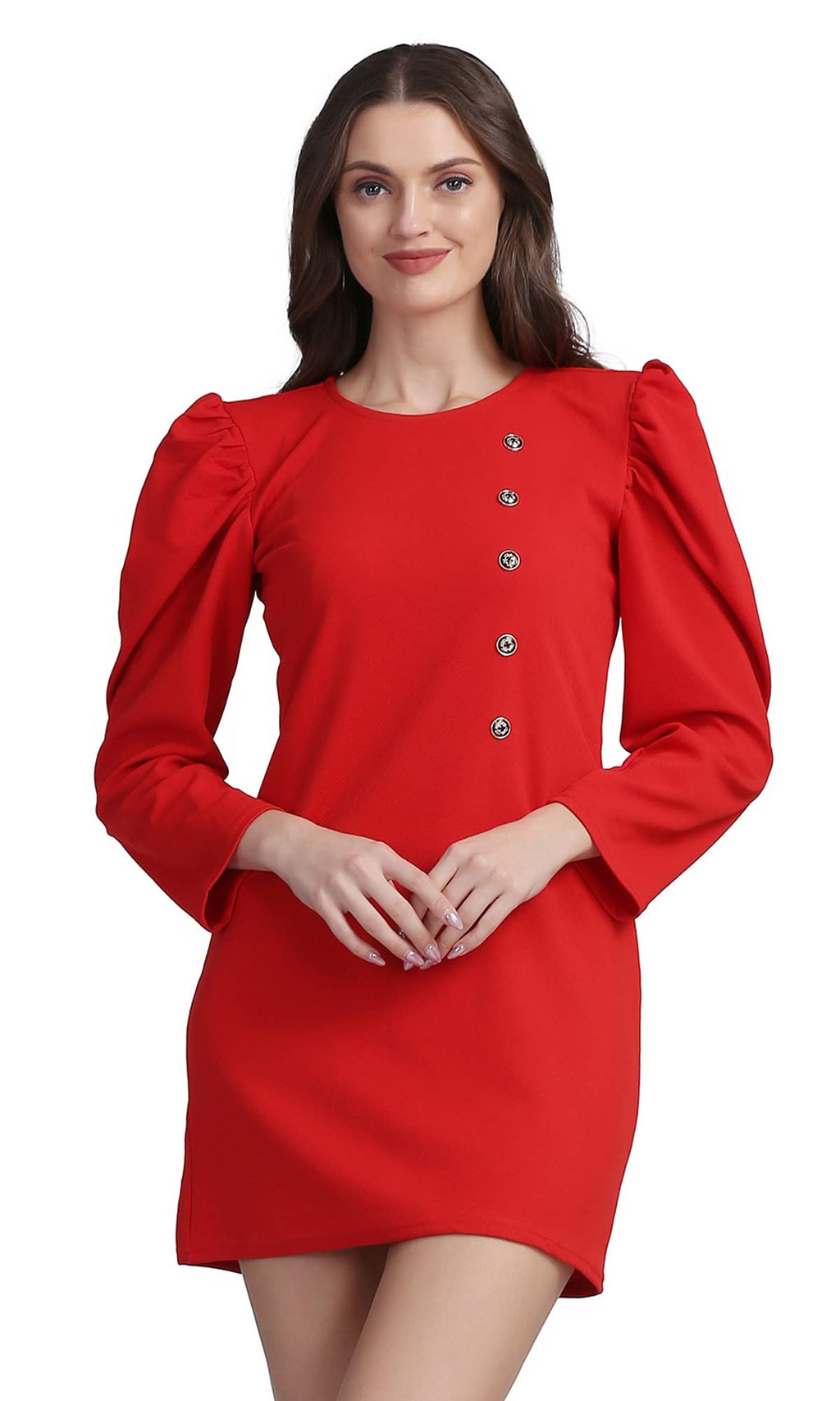 Shasmi WomenS Comfortable Red Round Neck Full Sleeve Solid Midi Bodycon Casual Western Stylish Dress For Womens/Midi Dress For 