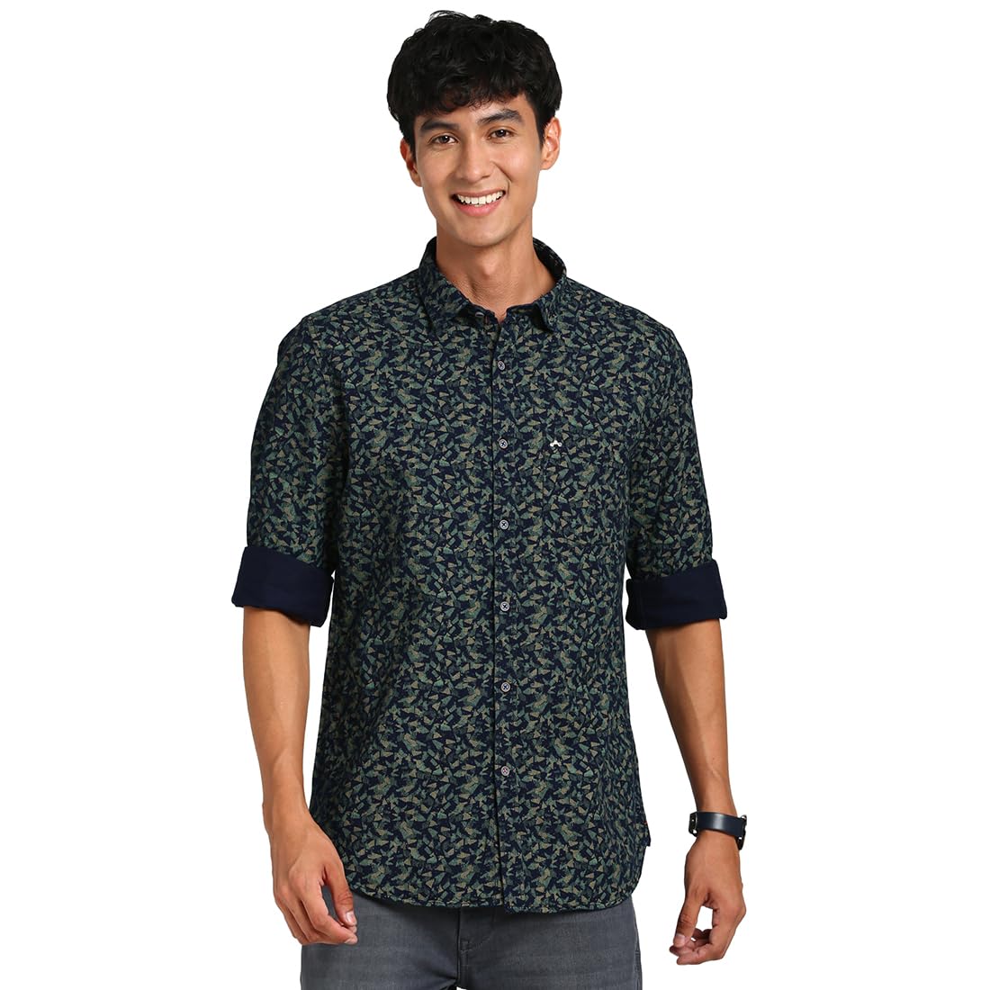 Turtle Men 100% Cotton Indigo Navy Printed Slim Fit Casual Shirt