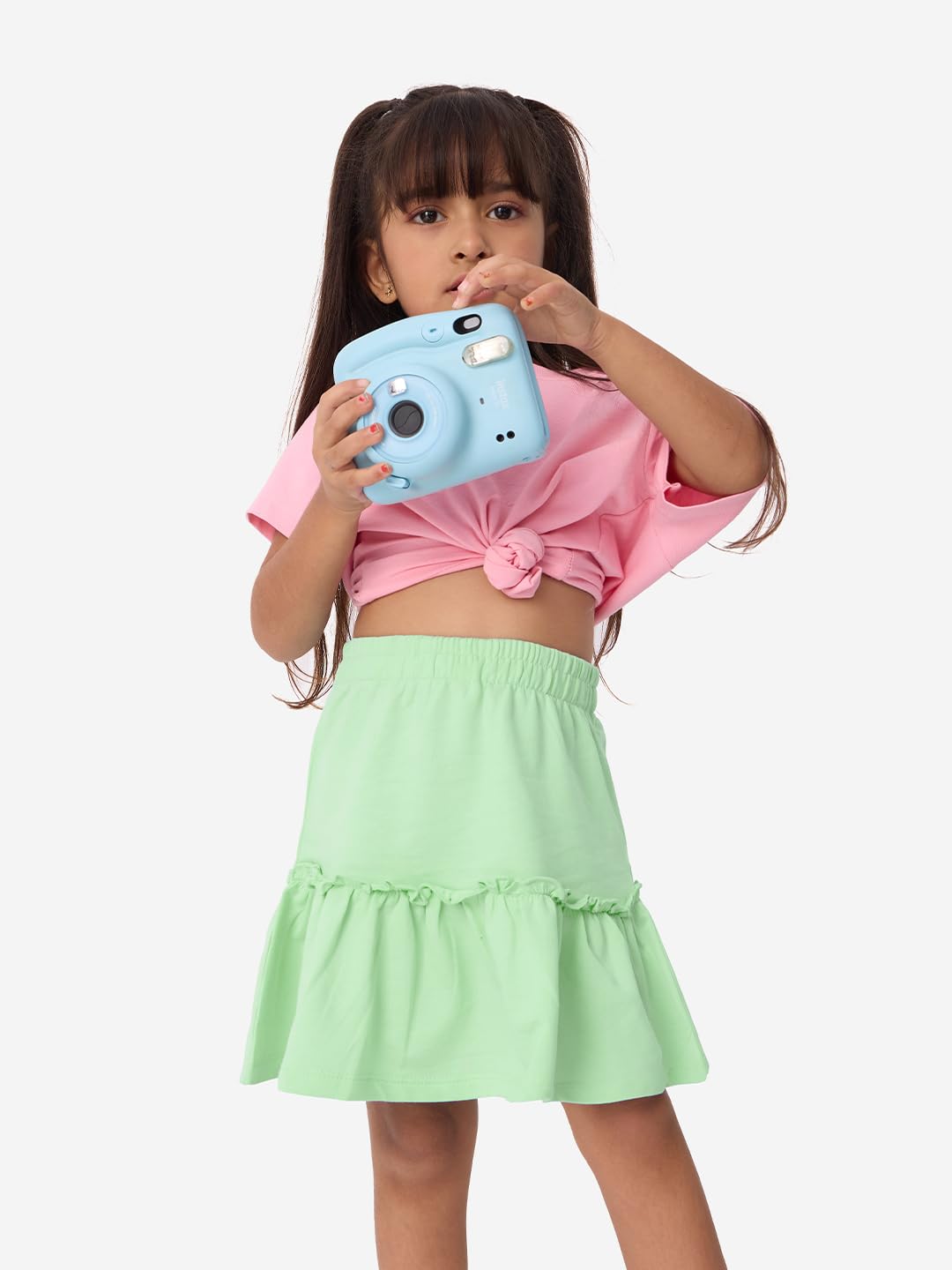 The Souled Store Solids: Mint Kids and Girls Regular fit Cotton Green Color Girls Tiered Skirts