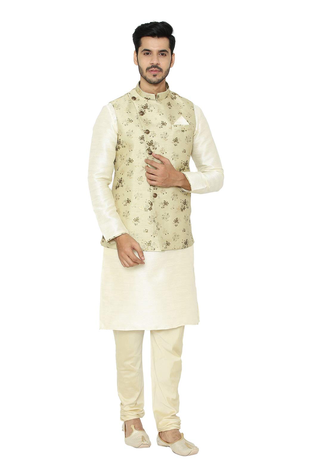 Manyavar MenS Silk Blend Other Kurta Pyjama With Waist Coat (Jast143_Pista_Xl)