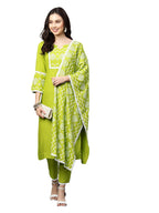 ANNI DESIGNER Women's Cotton Straight Kurta with Pant & Dupatta (96-PERROT_L_Light Green_Large)