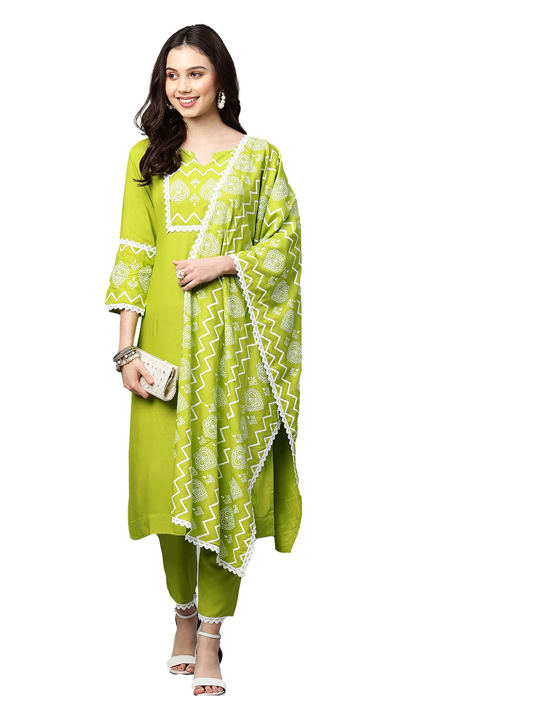 ANNI DESIGNER Women's Cotton Straight Kurta with Pant & Dupatta (96-PERROT_L_Light Green_Large)