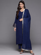 Varanga Women Navy Blue Solid V-Neck Embellished With Gota Straight Kurta Paired With Tonal Bottom And Dupatta  Elegant Ethnic W