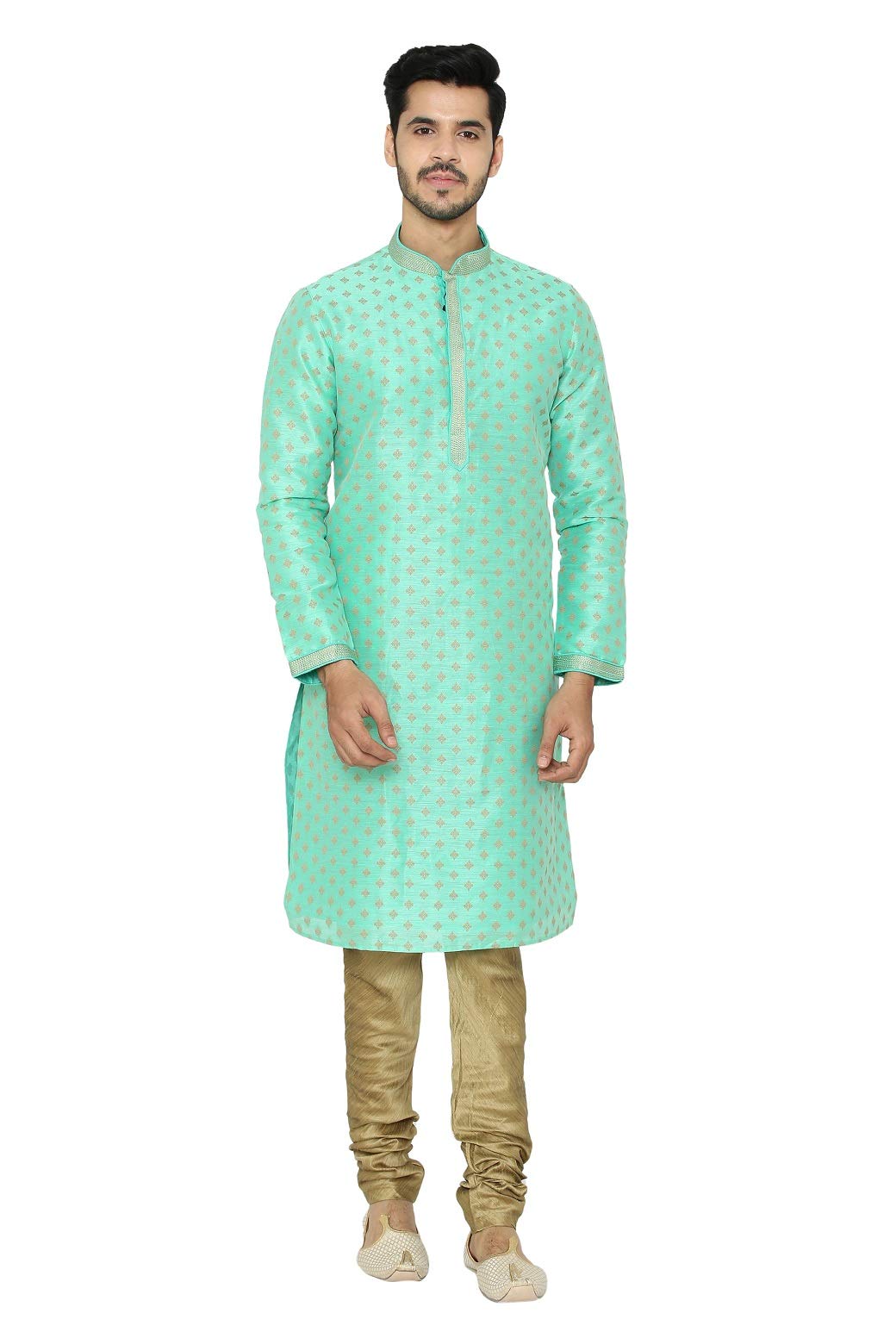 Manyavar Mens Silk Blend Jacquard Kurta Set (S952809_Light Green_2XL)