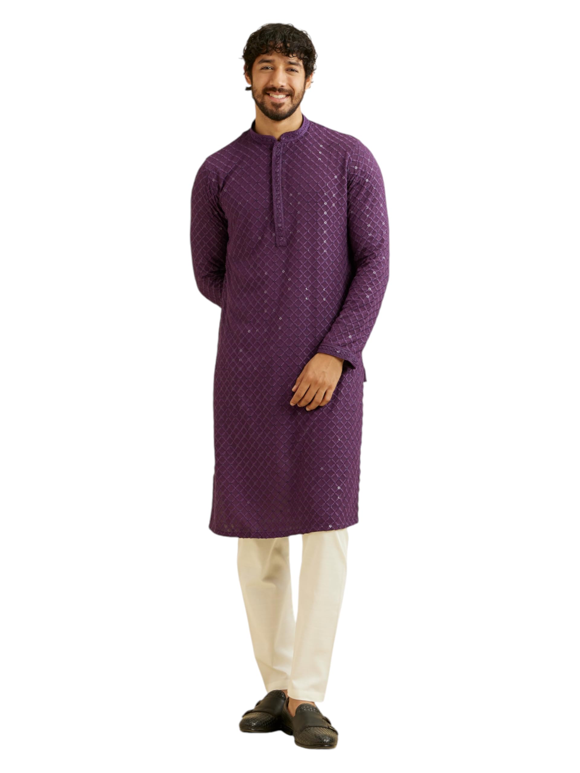 Manyavar MenS Viscose Chikankari | Sequined Kurta Pyjama Set (Purple,Xl)