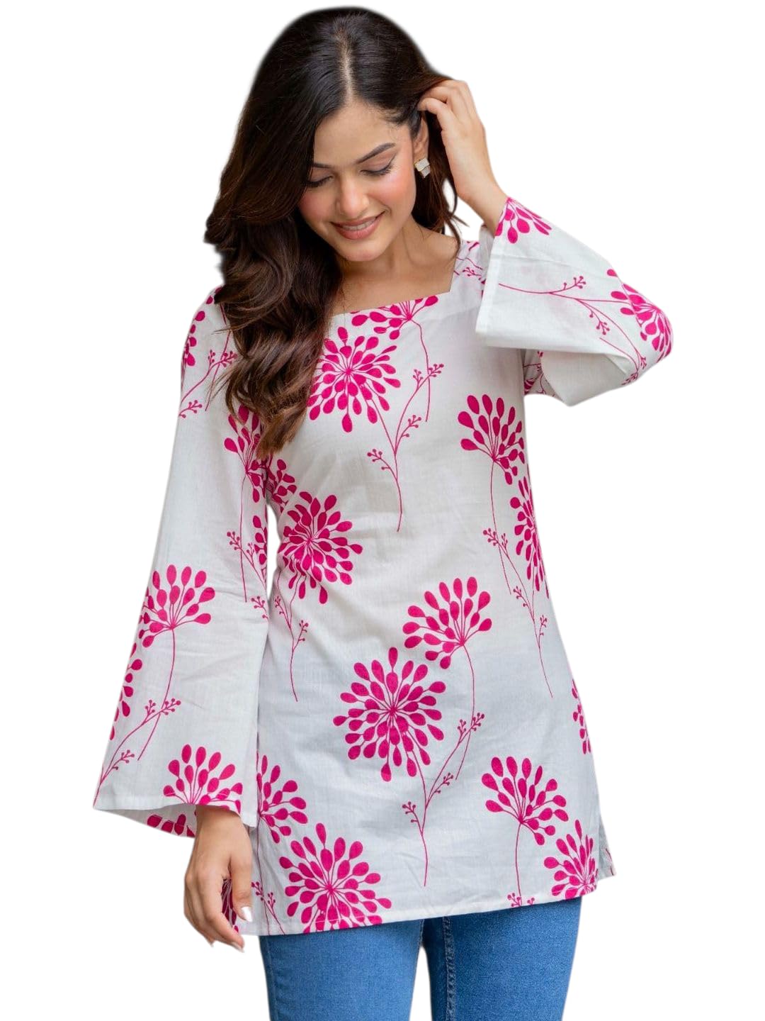 Black Teetar WomenS Cotton Printed ALine Straight Short Kurti, (White, Xl, (42))