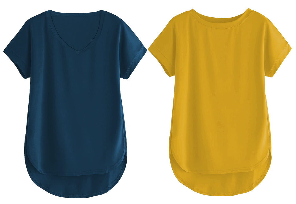 Fabricorn Combo Of Plain Airforce Blue V-Neck And Mustard Yellow Round Neck Up And Down Cotton Tshirt For Women (Airforce Blue A