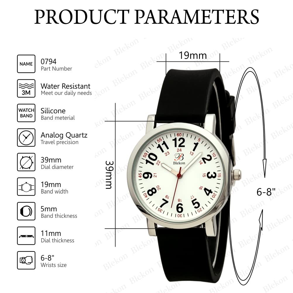 Blekon Original Nurse Watch - Medical Scrub Colors, Easy Read Dial, Second Hand, Water Resistant Watch (Black)