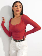 Shasmi Womens & Girls Red Full Sleeve, Sweat Hear Neck, Frill Trim Ruched Crop Top for Womens, Tops, T-Shirts for Girls (Top