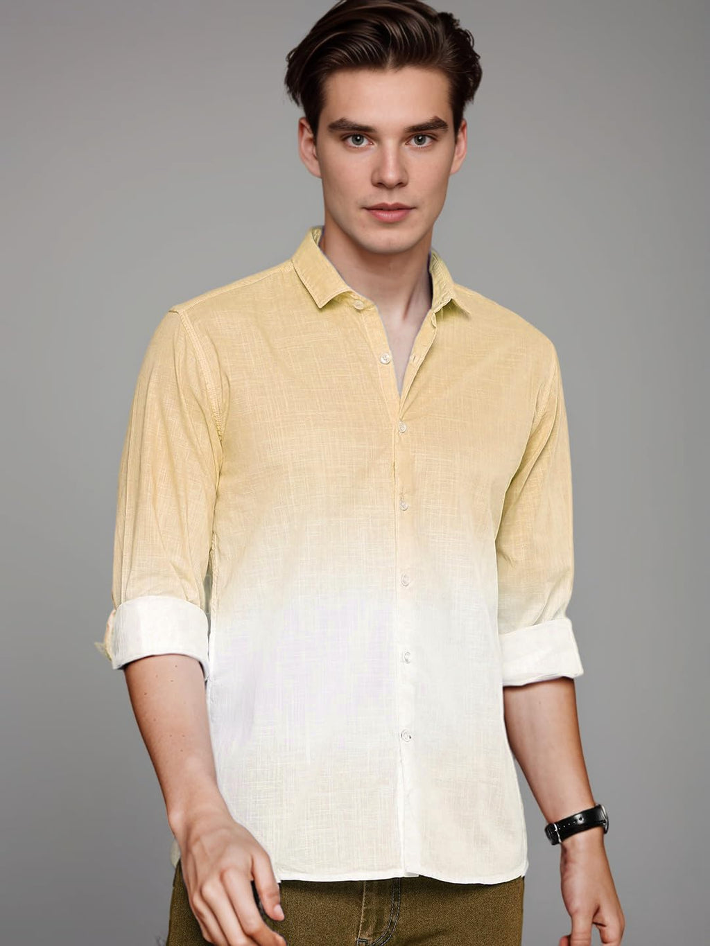 Indoprimo MenS Cotton Shirt With Full Sleeves Spread Collar Classic Style Solid Pattern Regular Fit And Standard Length Yellow