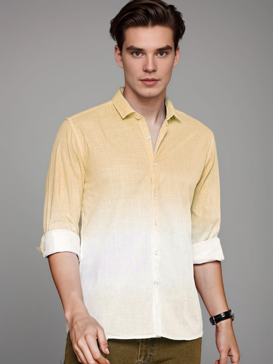 Indoprimo MenS Cotton Shirt With Full Sleeves Spread Collar Classic Style Solid Pattern Regular Fit And Standard Length Yellow