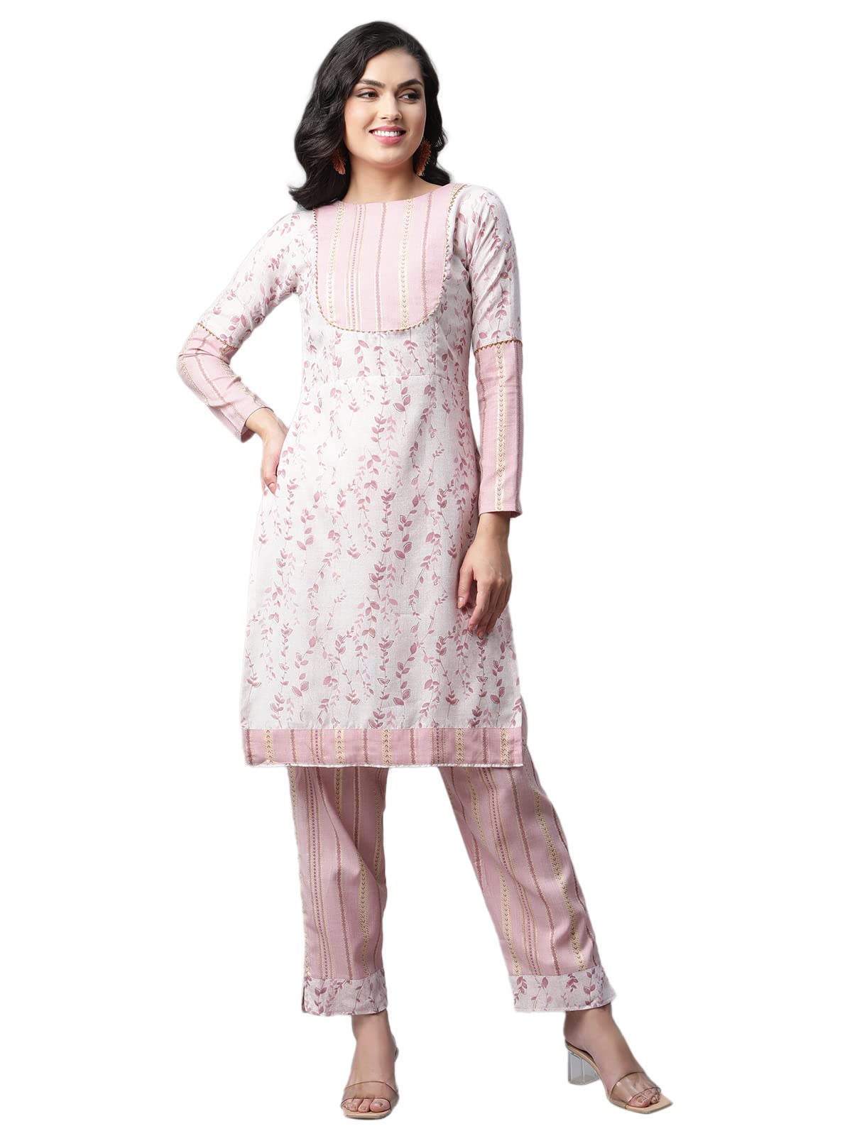 Greciilooks Cotton Floral Kurti Festive Regular Fit Kurta Set For Women (Gl-K2612&P54_Light Pink_L)