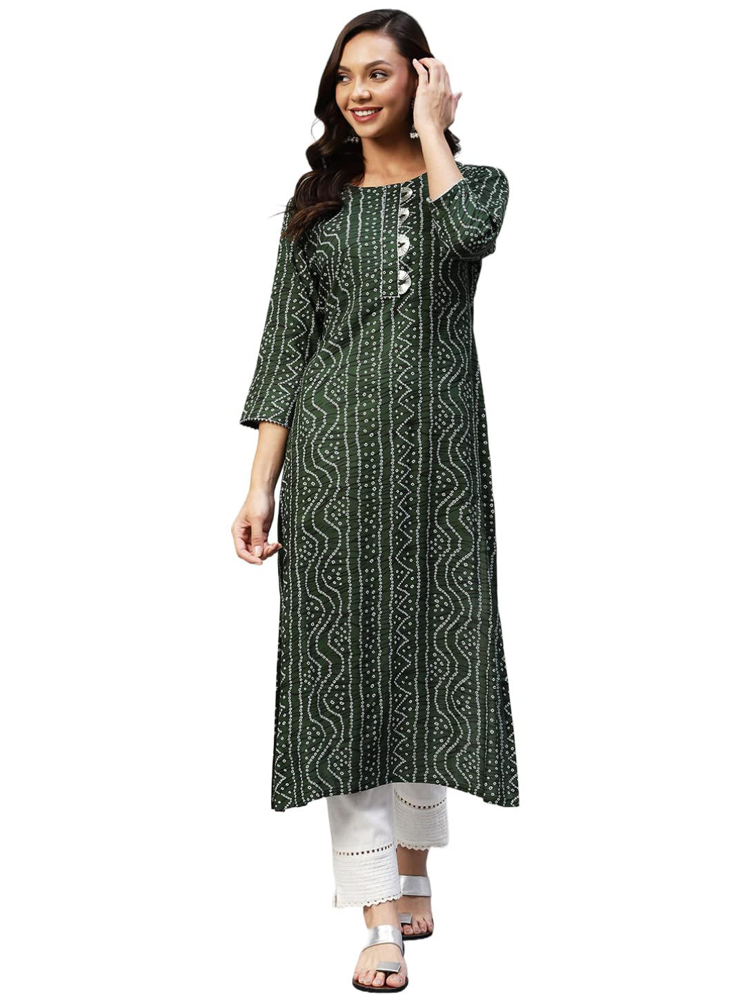 ANNI DESIGNER Womens Rayon Bandhni Printed Straight Kurta (DMD Bandhi Green_S_Green_Small)