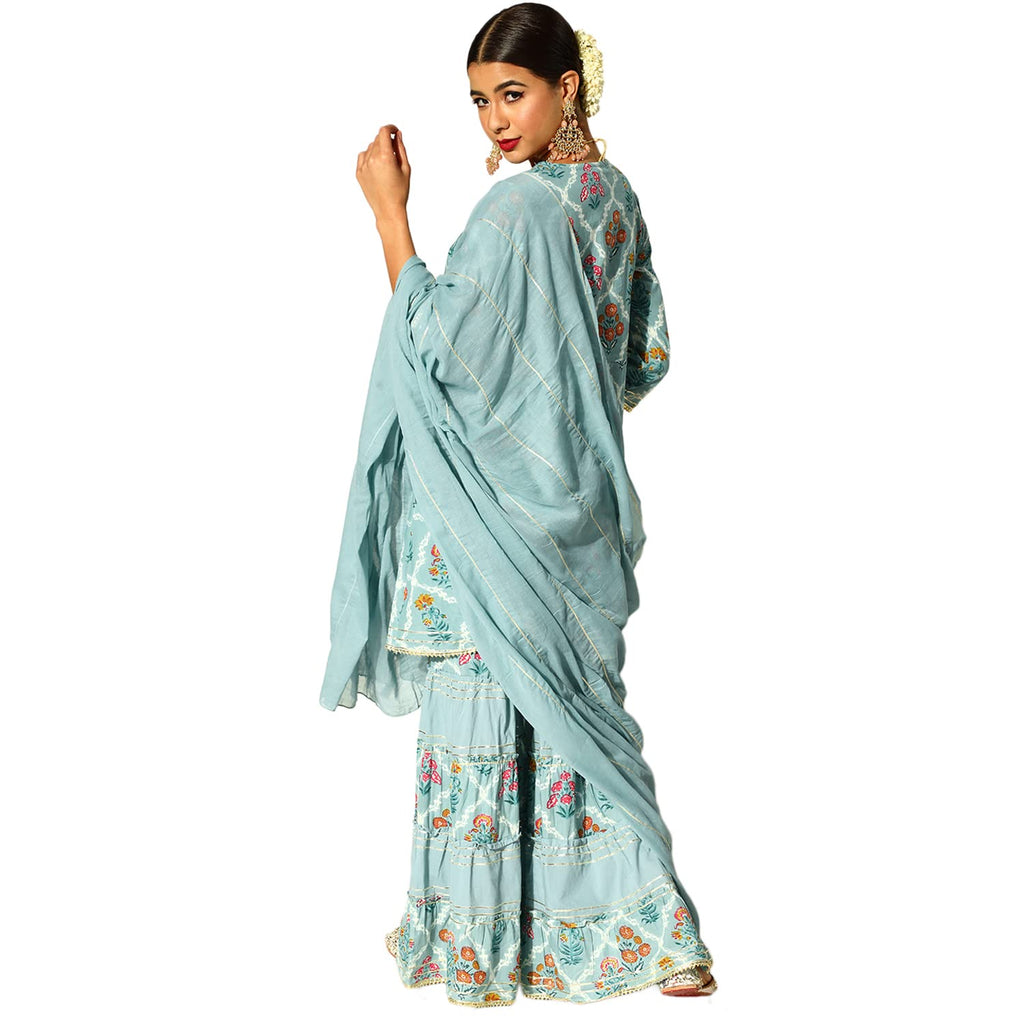 Ishin Women'S Cotton Blend Blue Embroidered & Zari Work Anarkali Kurta Suit Set With Dupatta & Sharara