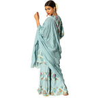 Ishin Women'S Cotton Blend Blue Embroidered & Zari Work Anarkali Kurta Suit Set With Dupatta & Sharara