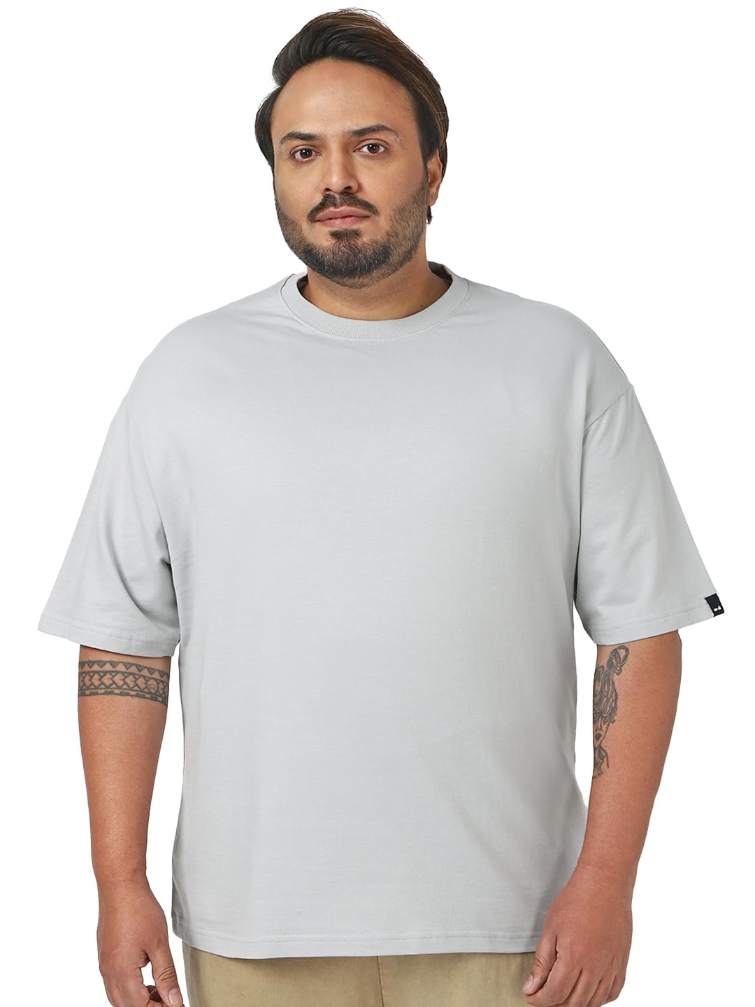 Bewakoof Heavy Duty 1.0 Mens Solid Oversized Fit Half Sleeve Round Neck Terry Plus T-Shirt_646878_Grey_3XL