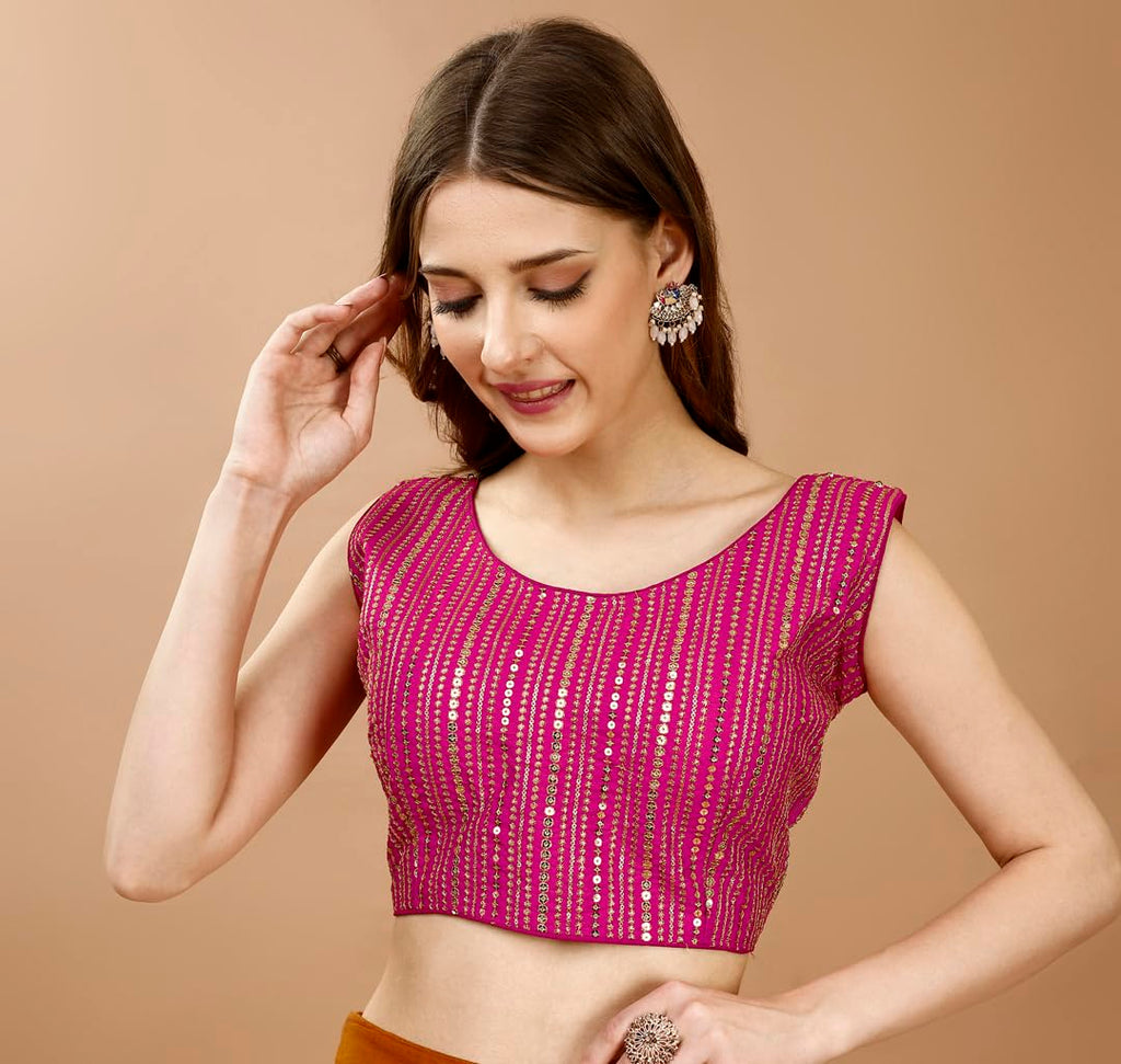 Pujia Mills WomenS Sequin Embroidered U Neck Sleeveless Readymade Saree Blouse Indian Ethnic Designer Stitched WomenS Pink Blo
