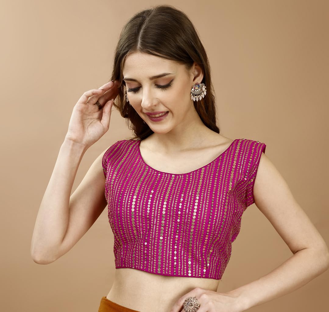 Pujia Mills WomenS Sequin Embroidered U Neck Sleeveless Readymade Saree Blouse Indian Ethnic Designer Stitched WomenS Pink Blo