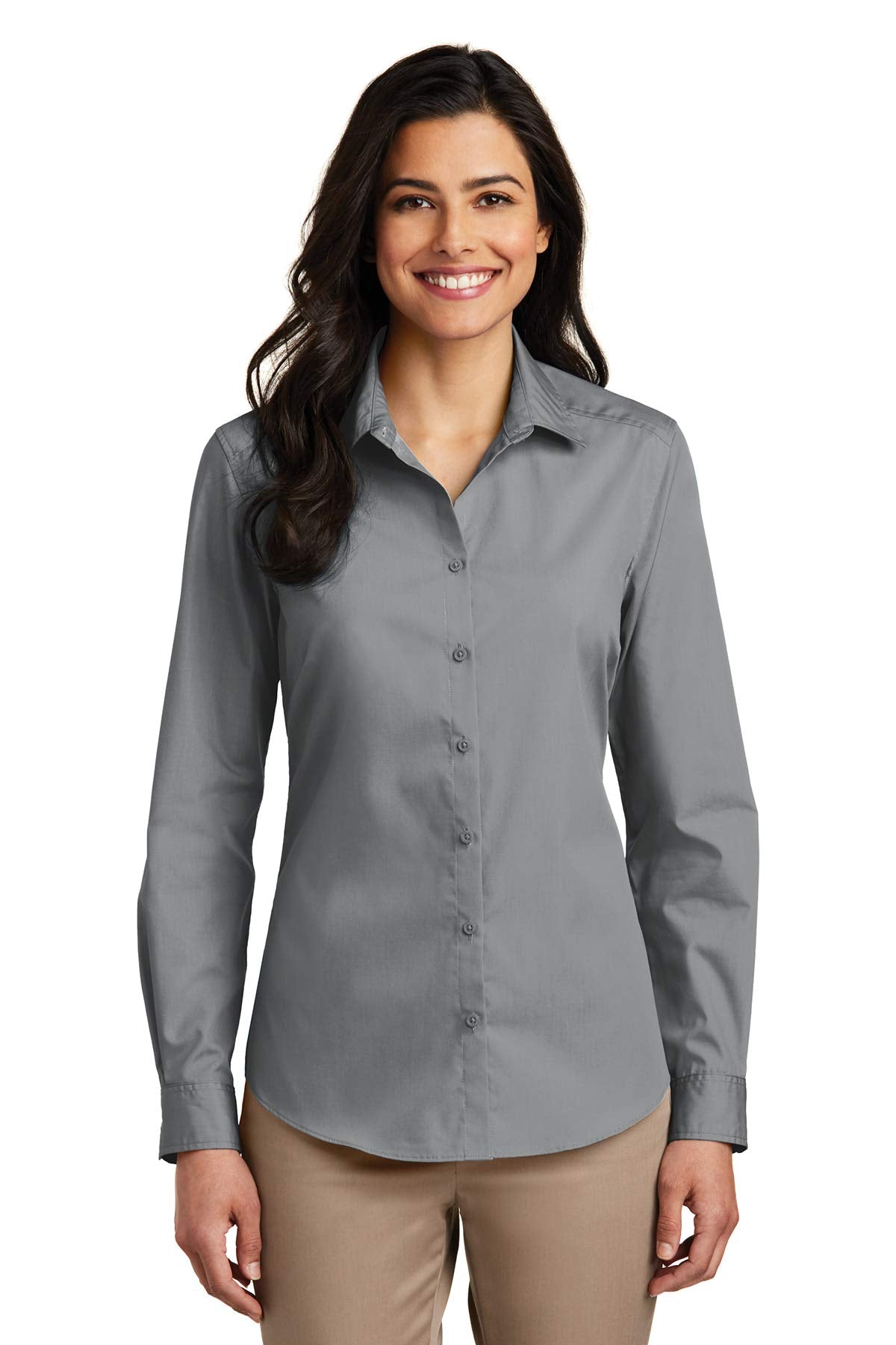 Port Authority Women's Long Sleeve Carefree Poplin Shirt, Gusty Grey, XXXX-Large