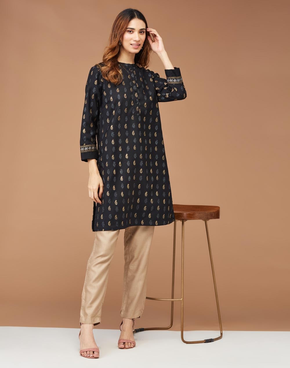 Fabindia Womens Wool Printed Regular Kurta (1034617BLACK_Black