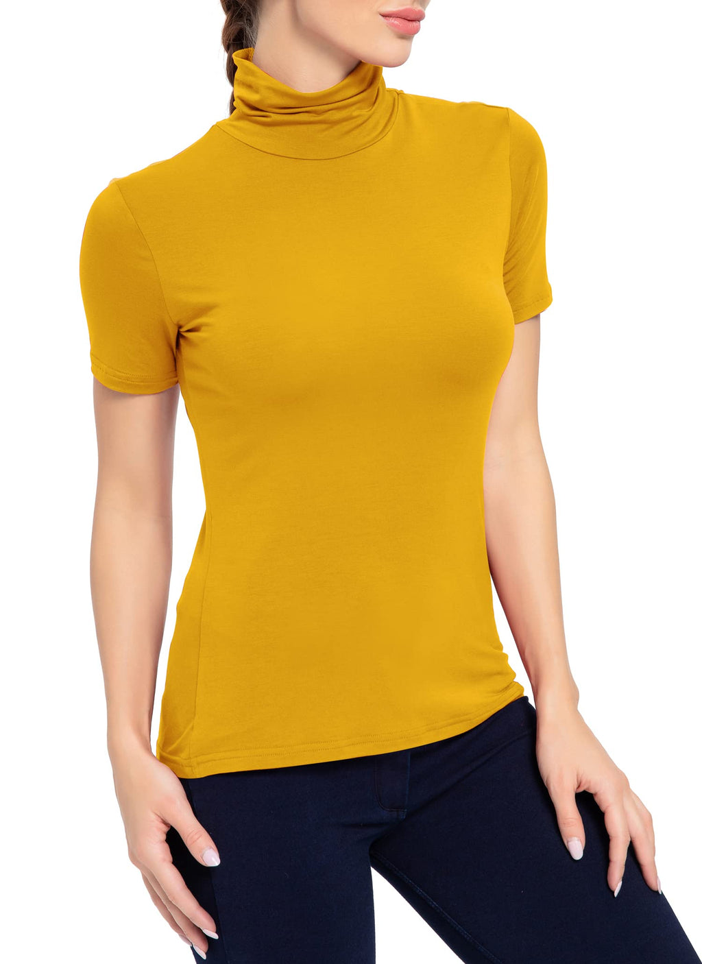 Women's Mock Turtleneck Top Short Sleeve Lightweight Active T-Shirt Mustard Medium